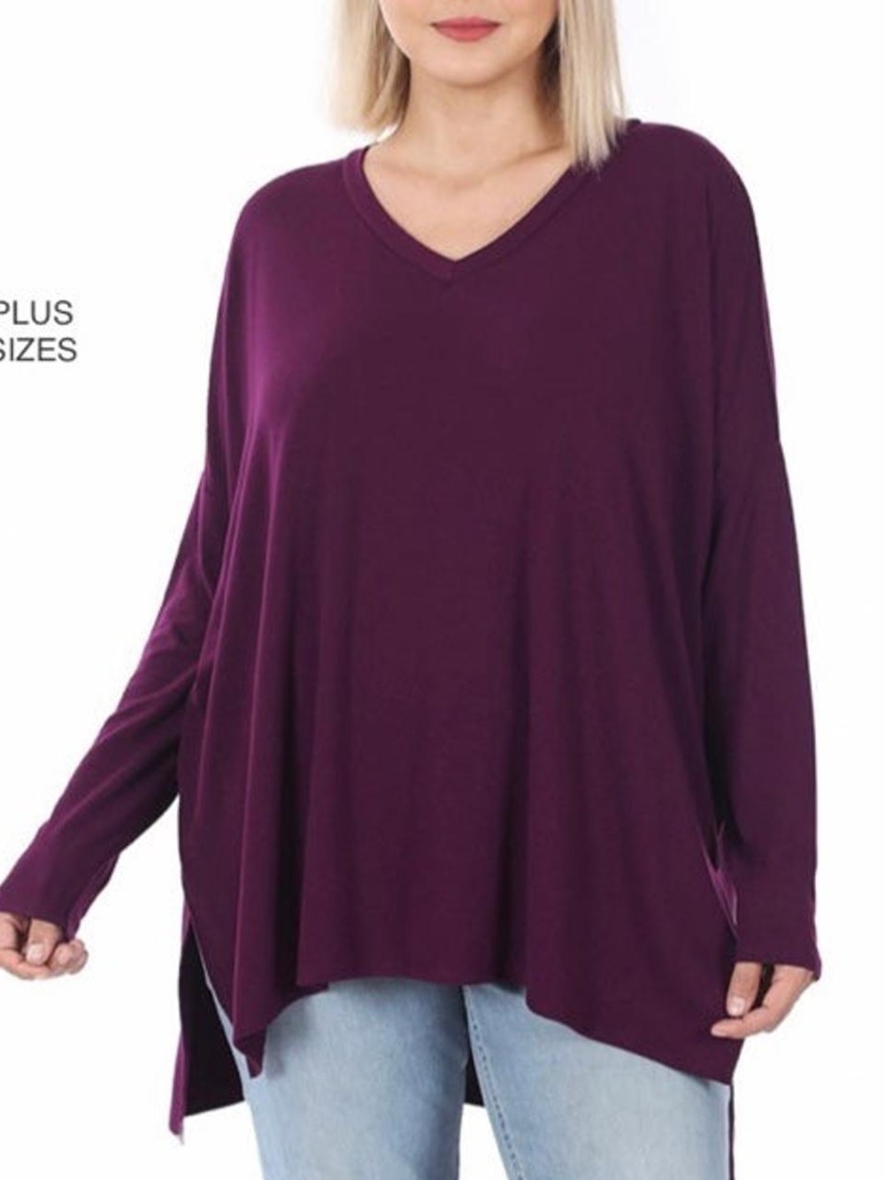 Curvy Plus Size 1X Zenana V-Neck Long Sleeve Tunic Top - Plum Purple